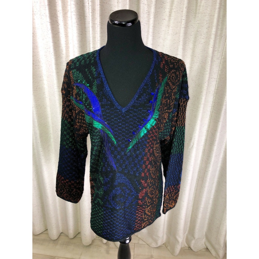 VTG Beaded Sweater Ann Wi Black Multi-color Metallic Acrylic Beads Size M